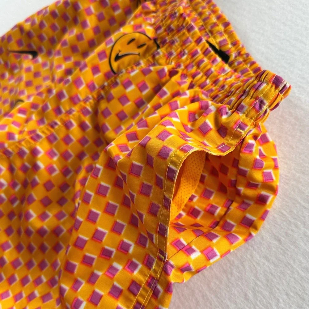 Nike Kids Large Orange Pink Checkered Smiley Face Swim Hyrbid Trunks Shorts Flaw